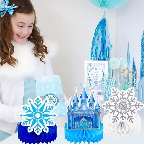 NWT 9 Pcs Frozen Castle Table Decoration Snowflake Honeycomb Centerpieces - Picture 6 of 6